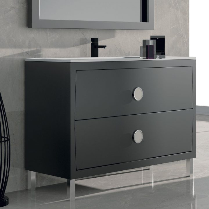 Meuble 120 Cm 2 Tiroirs Laqué Anthracite + Vasque Céramique destiné Meuble Salle De Bain Noir Mat