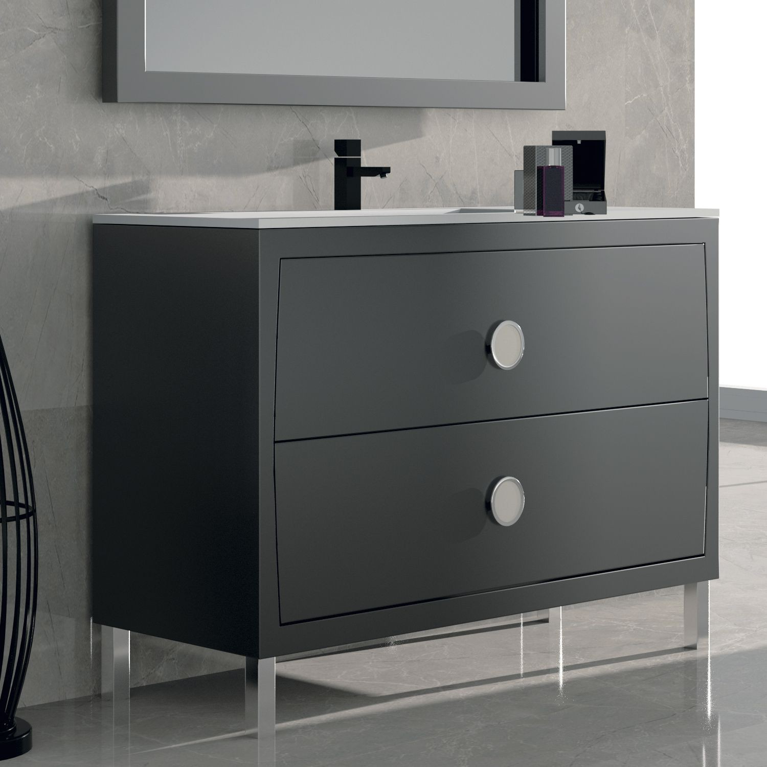 Meuble 120 Cm 2 Tiroirs Laqué Anthracite + Vasque Céramique intérieur Meuble Salle De Bain Noir Laqué