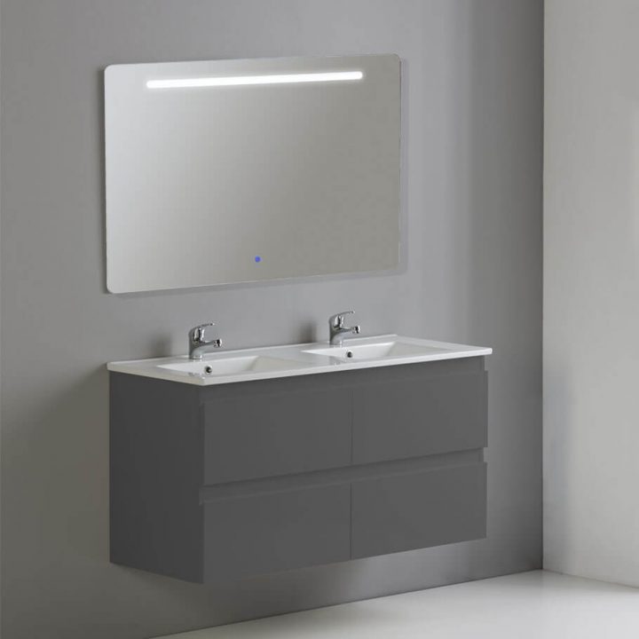 Meuble 4 Tiroirs +2 Vasques Et Miroir Led Gris Antrhacite avec Miroir Salle De Bain Led 120