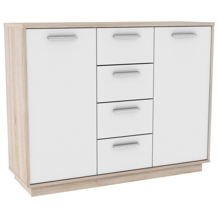 Meuble Bas 2 Portes & 4 Tiroirs "Emilio" 109Cm Naturel & Blanc avec Meuble Bas