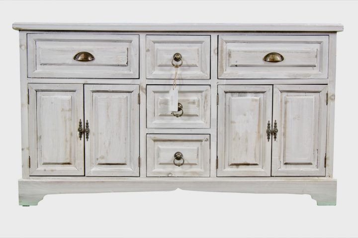 Meuble Bas Rangement Bois Cerusé Blanc 5 Tiroirs 124.5X33.5X72Cm à Meuble Bas Salle À Manger