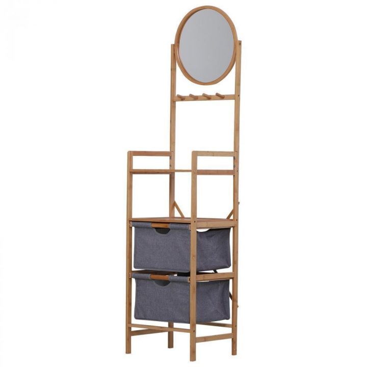 Meuble Colonne Rangement Salle De Bain Bambou Design Naturel 41L X 33L X  166H Cm 2 Étagères, 2 Paniers, 4 Patères + Miroir dedans Colonne De Douche Bambou