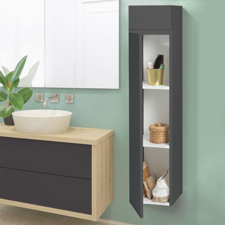 Meuble Colonne Suspendu Gris Lila Pour Salle De Bain Idmarket serapportantà Meuble Salle De Bain Avec Panier À Linge Intégré