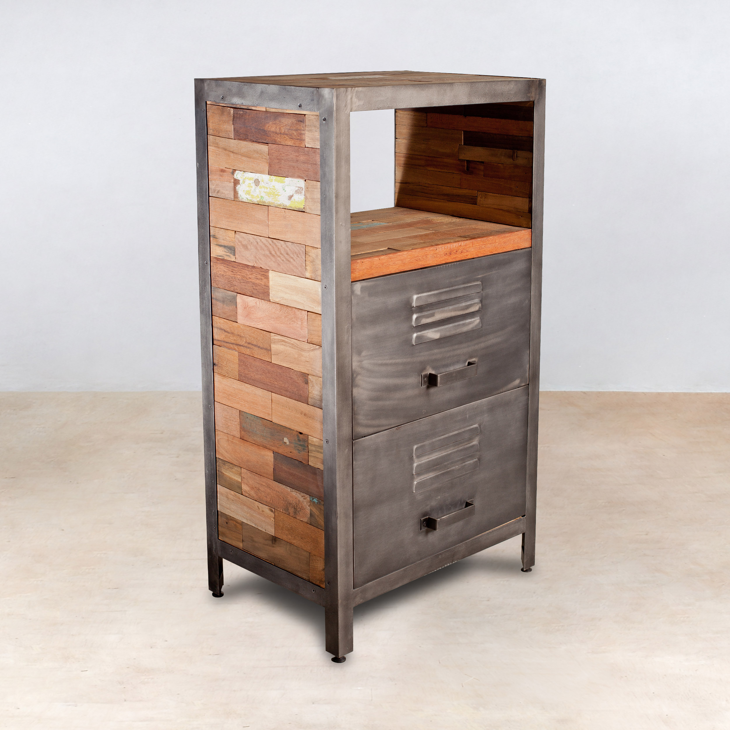 Meuble De Rangement Bois Recyclé 1 Niche Et 2 Tiroirs Métal 60X40X110Cm  Caravelle intérieur Petit Meuble Metal