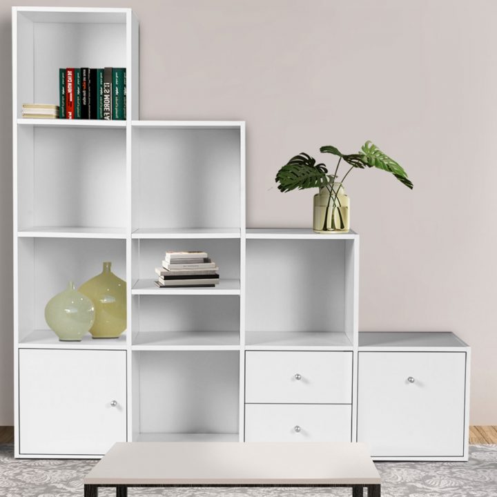 Meuble De Rangement Escalier 4 Niveaux Bois Blanc Avec Porte Et Tir avec Meuble Multicase