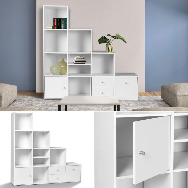 Meuble De Rangement Escalier 4 Niveaux Bois Blanc Avec Porte Et Tir serapportantà Meuble Multicase