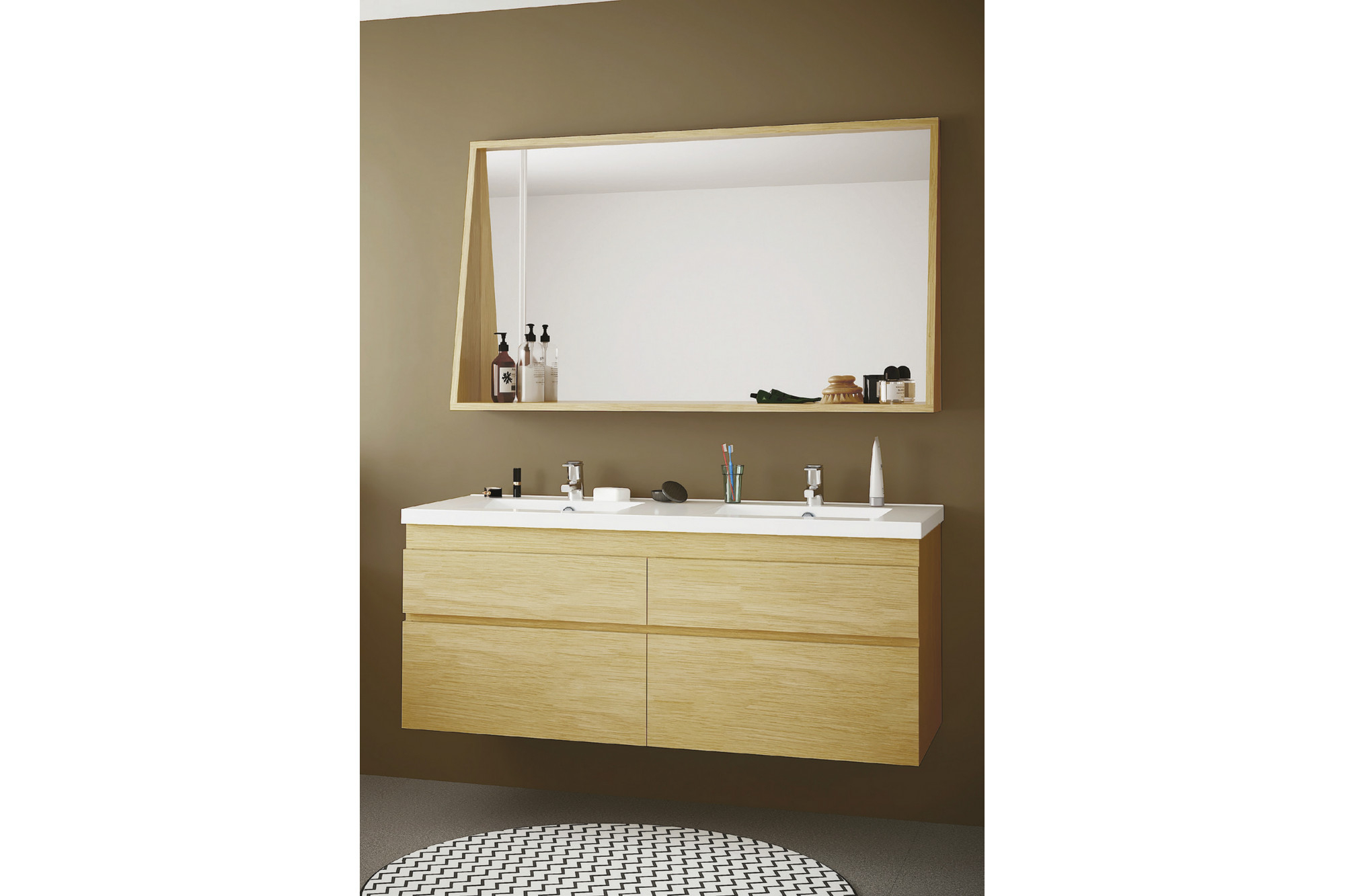 Meuble De Salle De Bain En Bois Massif 120 Cm Avec Double Vasque Et Miroir  - Hellin dedans Meuble Salle De Bain 120 Cm Simple Vasque