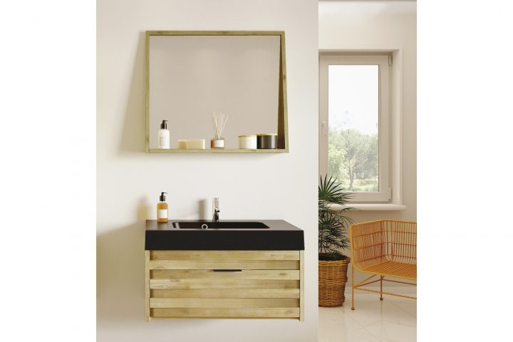 Meuble De Salle De Bain En Bois Massif Avec Plan Béton Noir Mat Et Miroir –  Hellin avec Armoirette Salle De Bain