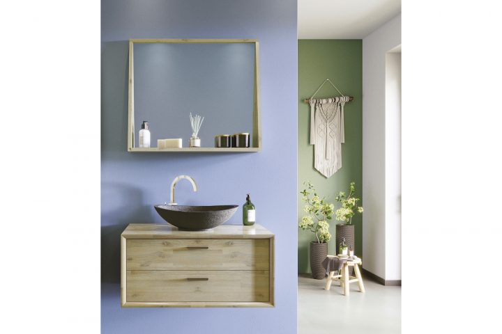 Meuble De Salle De Bain En Bois Massif Avec Vasque En Pierre Naturelle Et  Miroir – Hellin tout Armoirette Salle De Bain