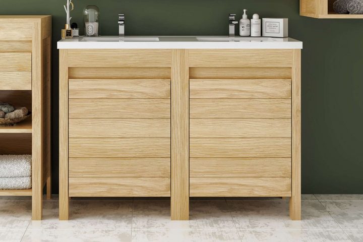 Meuble De Salle De Bain L120 Bois Massif Double Vasque + 2 Portes – Cork pour But Meuble De Salle De Bain