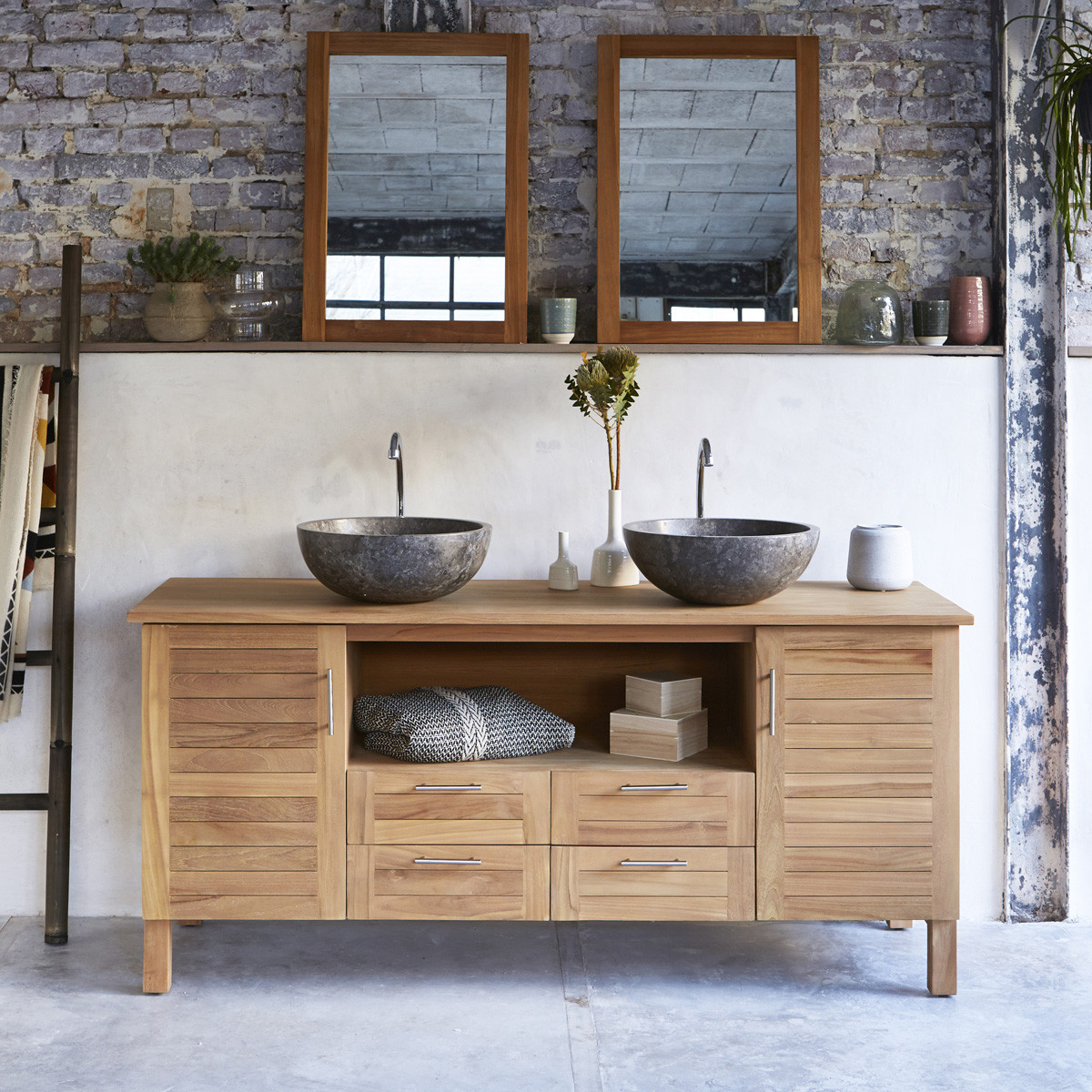 Meuble Double Vasque En Teck 165 Cm  Meuble Salle De Bain tout Meuble