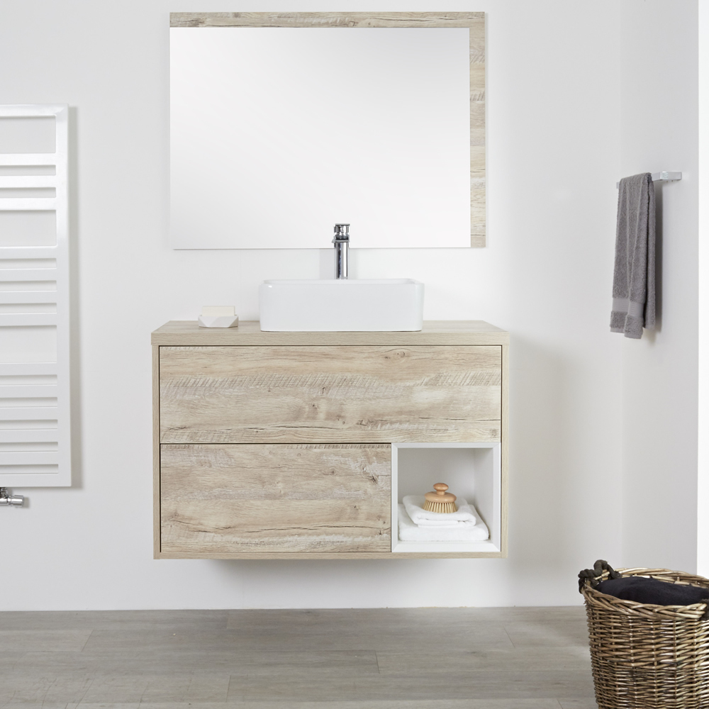 Meuble Salle De Bain Chêne Clair Avec Vasque À Poser - 100Cm - 2 Tiroirs intérieur Vasque 100 Cm 2 Robinets