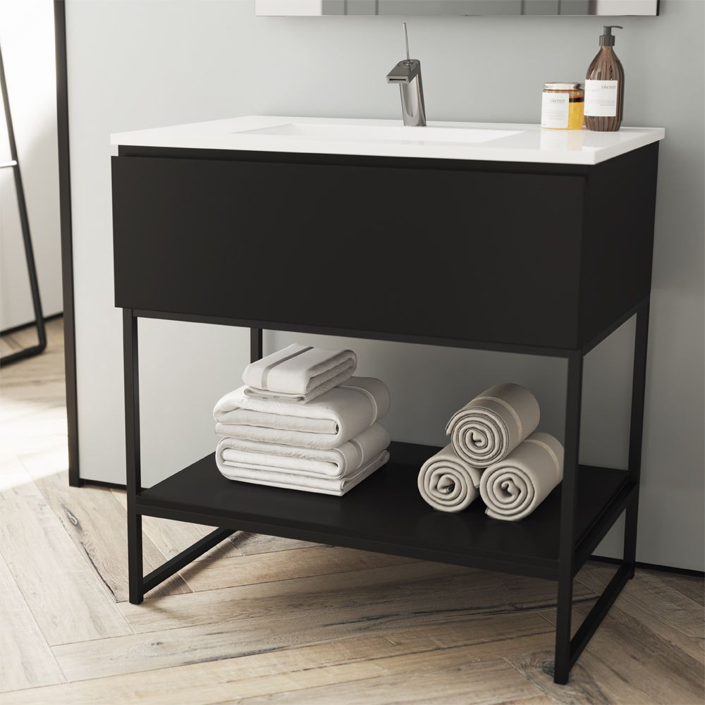 Meuble Salle De Bain Noir 80 Cm 1 Tiroir + Vasque Céramique pour Meuble Salle De Bain Noir Laqué