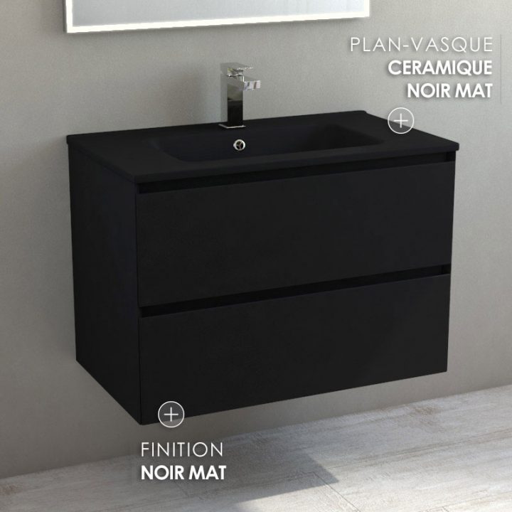 Meuble Salle De Bain Noir Avec Plan Vasque Noir Mat 80 Cm destiné Vasque Salle De Bain Noir Brico Depot