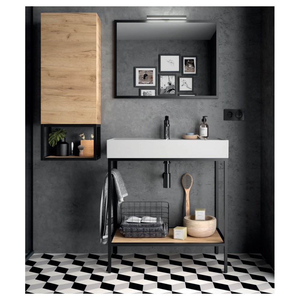 Meuble Sur Pied Vinci Largeur 61, 81, 101 Ou 121Cm Structure Alu Laqué Noir  Et Chêne Africain Avec Vasque Veneto Céramique pour Meuble Salle De Bain Noir Laqué