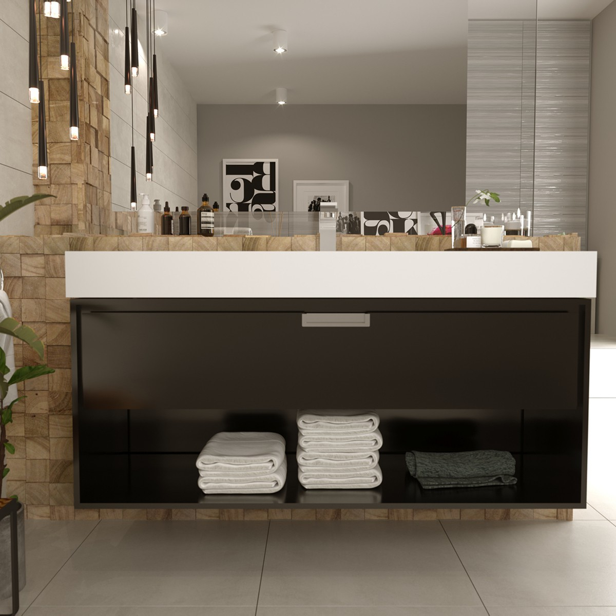 Meuble Suspendu 120 Cm 1 Tiroir Noir + Vasque Solid Surface intérieur Meuble Salle De Bain Noir Laqué