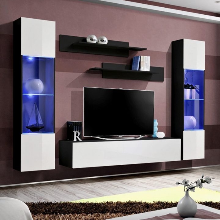 Meuble Tele Mural Blanc Et Noir Larissa avec Meuble Tv Fixé Au Mur