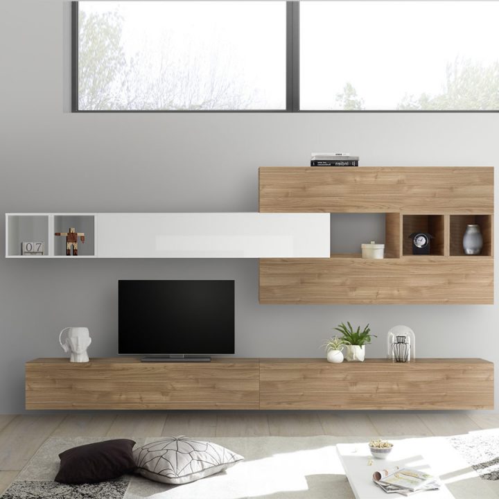 Meuble Tele Suspendu Couleur Chêne Et Blanc Bolca pour Meuble Tv Couleur Chene