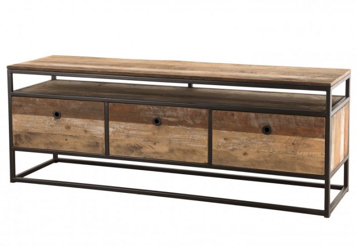 Meuble Tv 3 Tiroirs Acacia Massif Clair Et Métal Noir concernant Meuble Tele Metal Noir