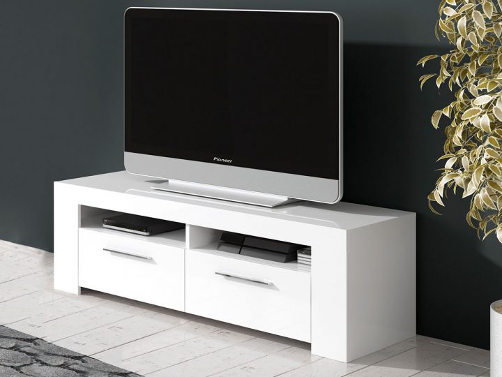 Meuble Tv "Ambre" – 120 X 42 X 37 Cm – Blanc Brillant 93486 destiné Meuble Télé Blanc