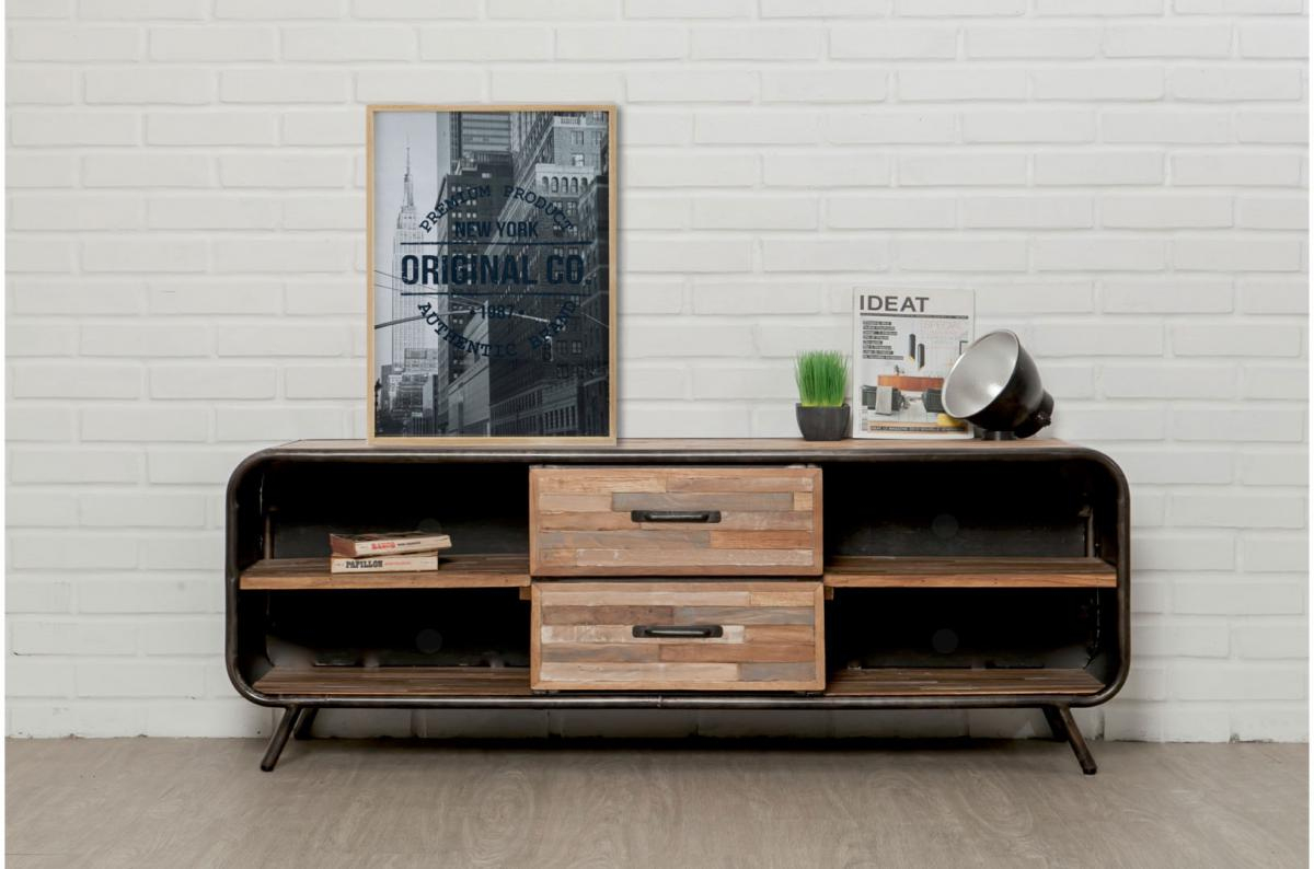 Meuble Tv Avec 2 Tiroirs Et 4 Niches En Teck Recyclé Et Métal Pasco Plus D'infos tout Meuble Télé Pas Cher Meuble Tv Avec 2 Tiroirs Et 4 Niches En Teck Recyclé Et Métal Pasco Plus D'infos tout Meuble Télé Pas Cher