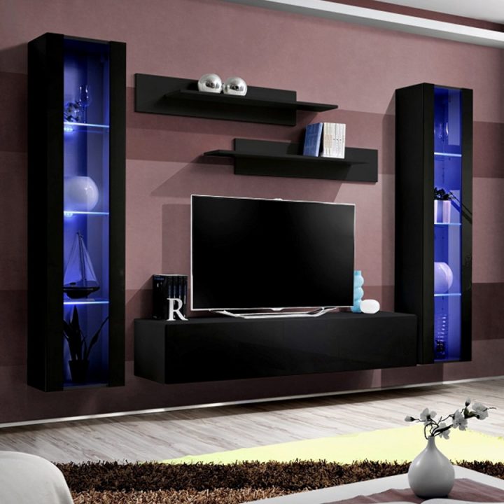 Meuble Tv Avec Rangement Noir Janina destiné Meuble Tv Fixé Au Mur