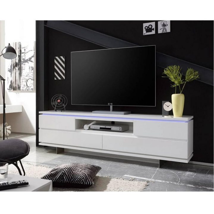 Meuble Tv Bale Laqué Blanc Mat 4 Tiroirs 1 Niche Led Inclus à Meuble Tv Suspendu Blanc Laqué