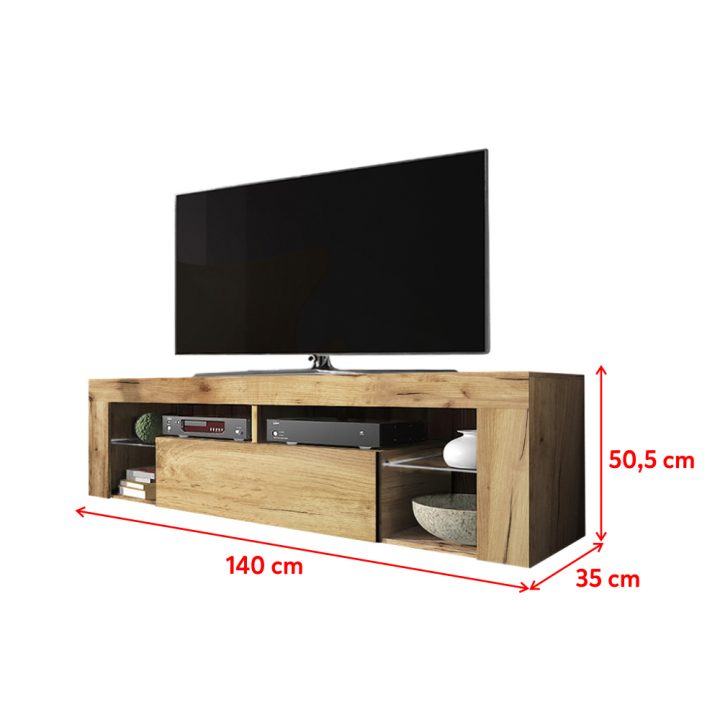 Meuble Tv / Banc Tv – Bianko – 140 Cm – Chêne Lancaster – Sans Led – Style  Moderne – Tablettes En Verre dedans Meuble Tv Hauteur 80 Cm