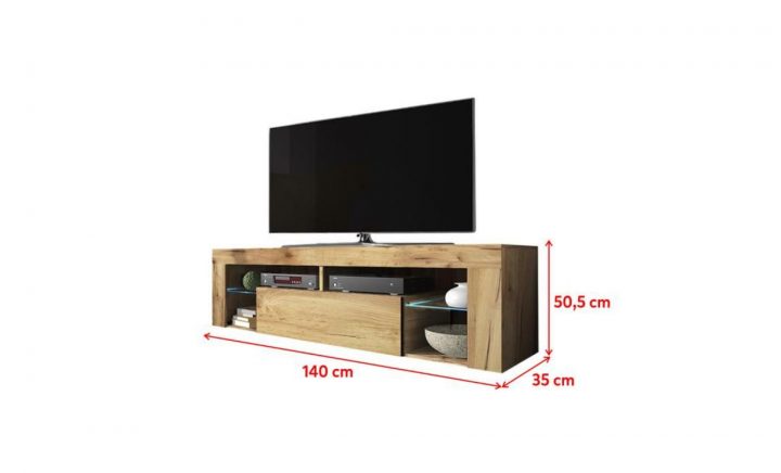 Meuble Tv / Banc Tv Hugo 140 Cm Chêne Lancaster / Noir Brillant Avec Led  Style Moderne Tablettes En Verre avec Meuble Tv Couleur Chene