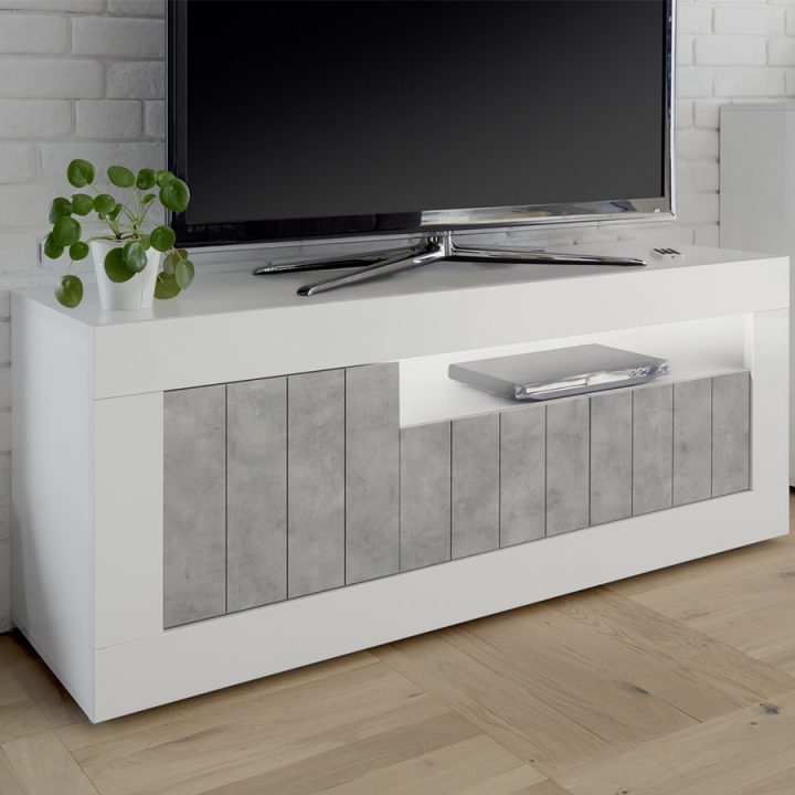 Meuble Tv Blanc Et Effet Béton Gris Moderne Mabel 5 tout Meuble Tele Haut Meuble Tv Blanc Et Effet Béton Gris Moderne Mabel 5 tout Meuble Tele Haut