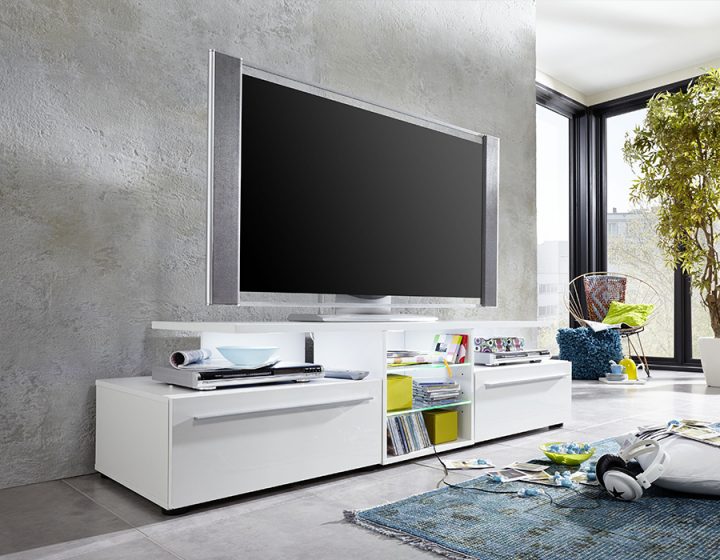 Meuble Tv Blanc Laqué Design Avec Éclairage Led destiné Meuble Télé Blanc Laqué