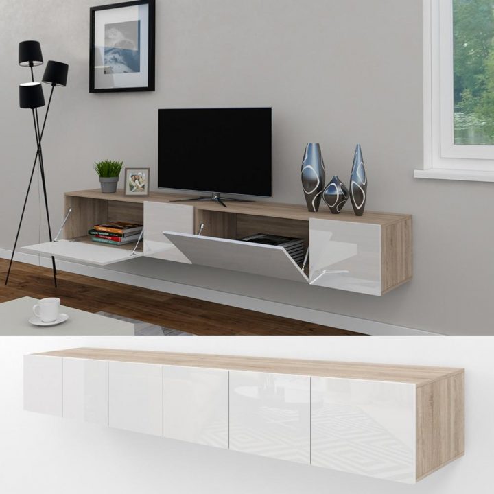 Meuble Tv / Buffet Blanc Brillant Chêne 240 Cm serapportantà Meuble Tv Hauteur 80 Cm