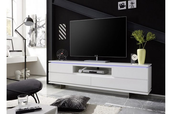 Meuble Tv Design Blanc Laqué Mat Et Pied Métal – Cbc-Meubles dedans Meuble Tv Blanc Laqué But