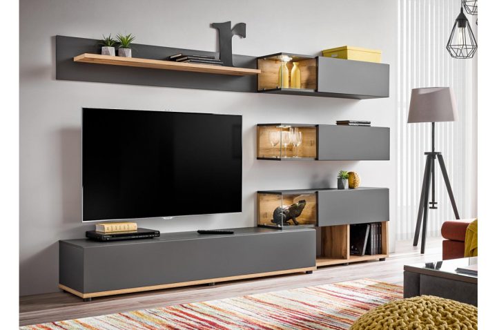 Meuble Tv Design Led Gris & Bois Pour Salon à Meuble Tv Fixé Au Mur