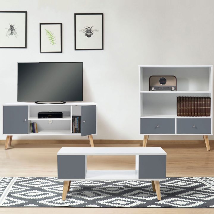 Meuble Tv Effie Scandinave 2 Portes Bois Blanc Et Gris Idmarket à Meuble Tv Table Basse Assorti