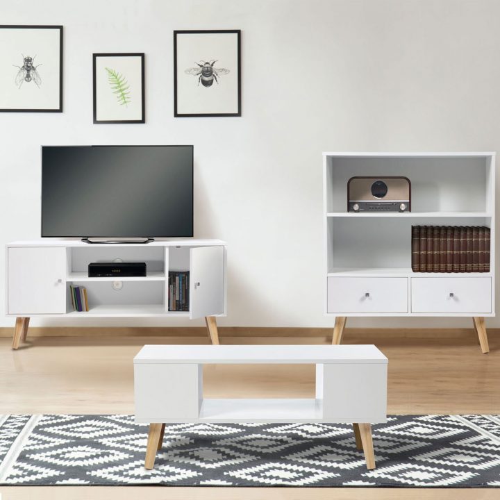 Meuble Tv Effie Scandinave 2 Portes Bois Blanc Idmarket serapportantà Meuble Tv Table Basse Assorti