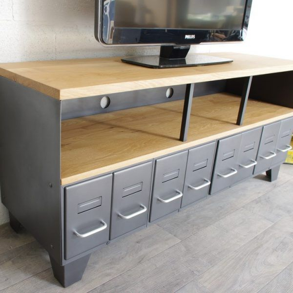 Meuble Tv En Acier Et Bois Industriel, Chêne Ou Épicéa à Meuble Tv Métallique