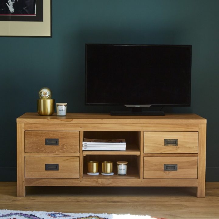 Meuble Tv En Bois De Teck 120 Boston | Bois Dessus Bois à Meuble Tv Haut