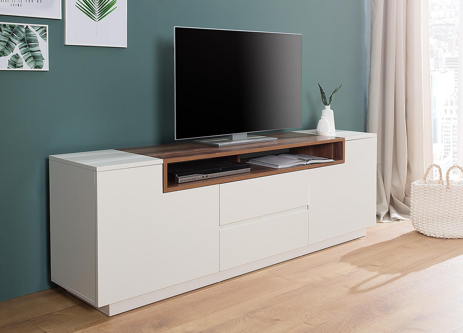 Meuble Tv Haut Design 180 Cm Avec Rangement - Blanc / Bois tout Meuble Tele Haut