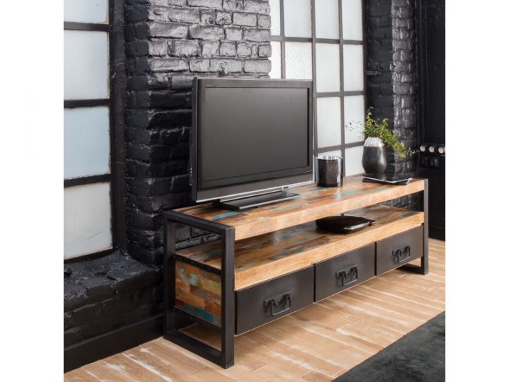 Meuble Tv Industriel 3 Tiroirs Bois Et Métal | Mox12 serapportantà Meuble Télé Conforama