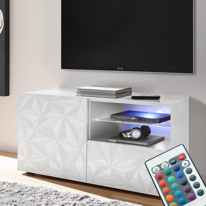 Meuble Tv Lumineux 120 Cm Blanc Laqué Design Nino dedans Meuble Tv Suspendu Blanc Laqué