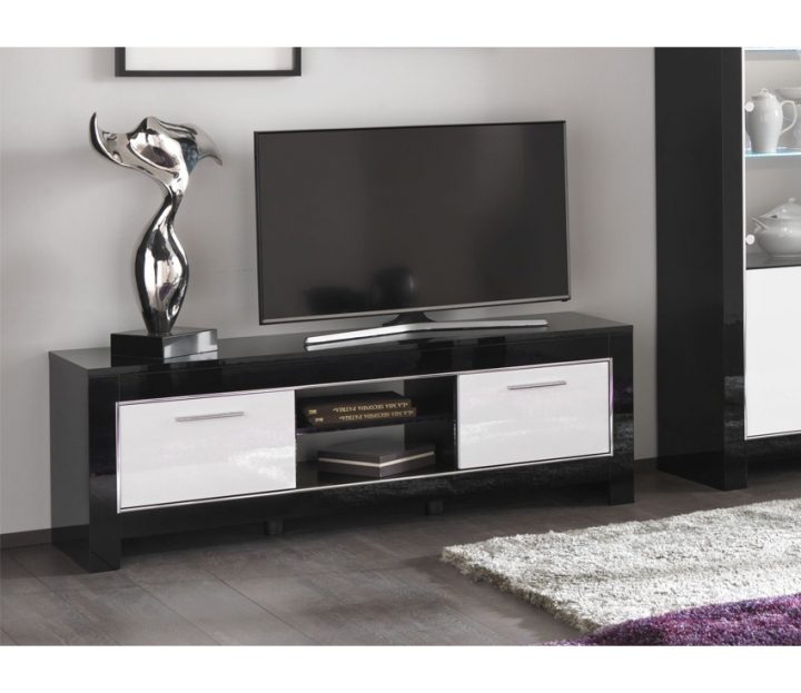 Meuble Tv Modena Laqué Noir Et Blanc Pas Cher dedans Meuble Tv Noir Haut