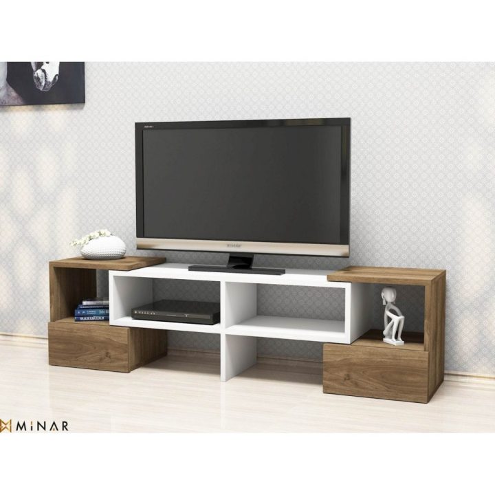 Meuble Tv Moderne Fold – 141 X 39 Cm – Blanc Et Marron à Meubles Tv But