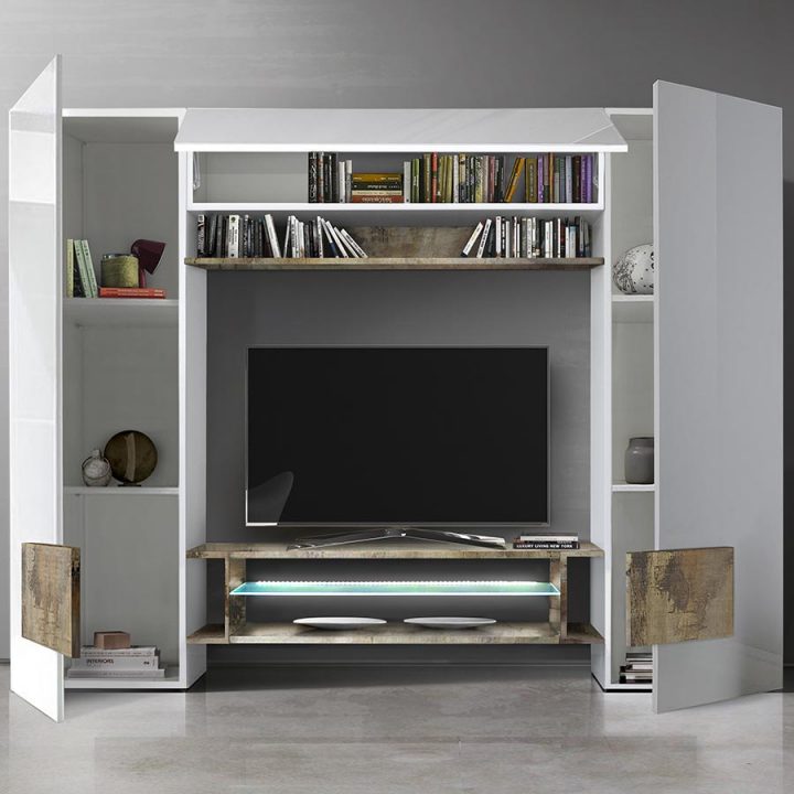 Meuble Tv Mural Blanc Laqué Et Couleur Bois Eros 2 à Meuble Tv Fixé Au Mur