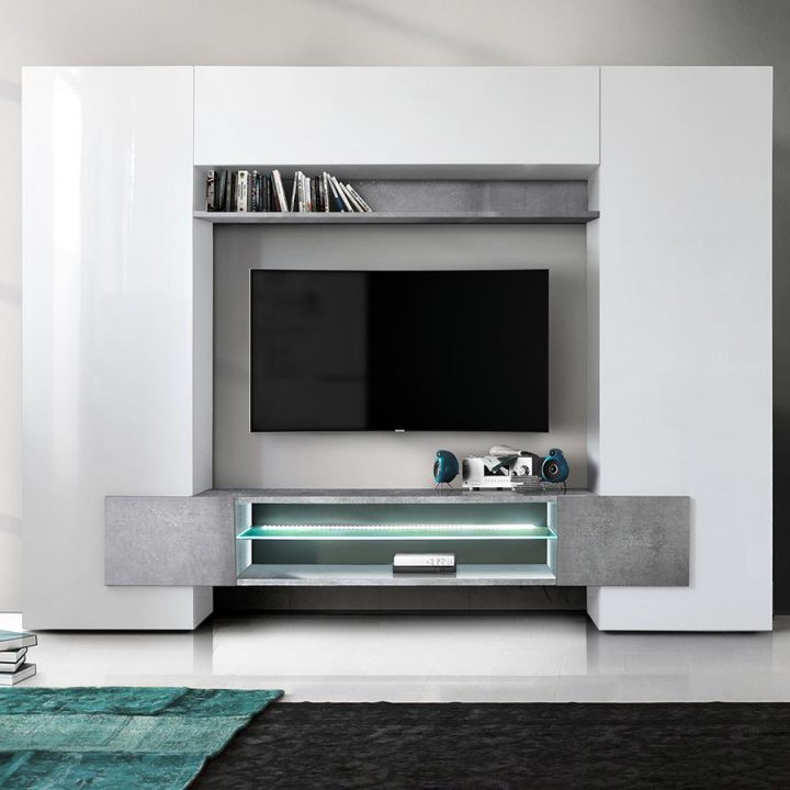 Meuble Tv Mural Blanc Laqué Et Effet Béton Eros concernant Meuble Tv Fixé Au Mur