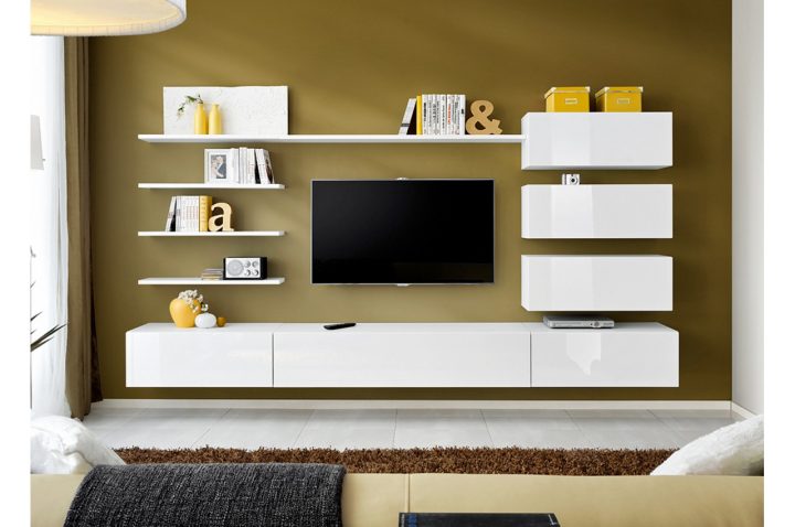 Meuble Tv Mural Blanc Laqué Pour Salon encequiconcerne Meuble Tv Suspendu Blanc Laqué