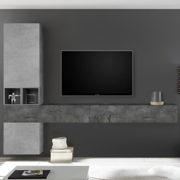 Meuble Tv Mural Design Gris Oriago concernant Meuble Tv Fixé Au Mur