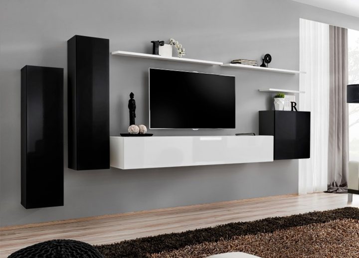 Meuble Tv Mural Design Noir & Blanc Laqué Pour Salon intérieur Meuble Tv Fixé Au Mur