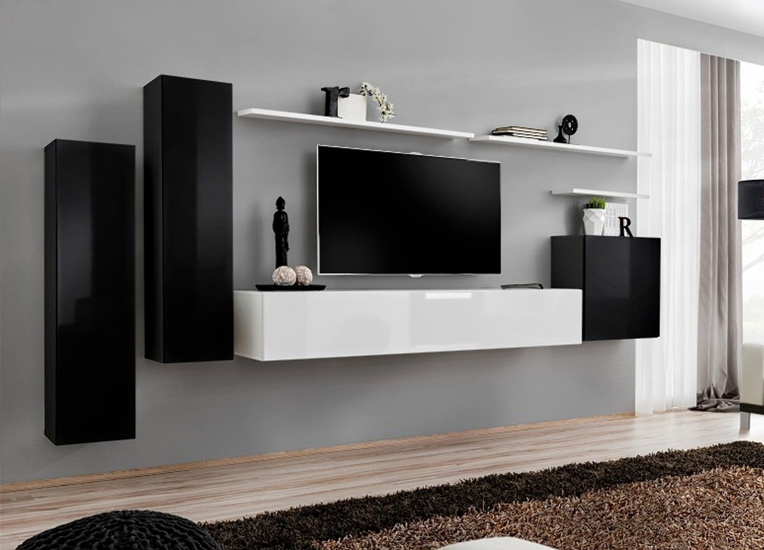 Meuble Tv Mural Design Noir &amp; Blanc Laqué Pour Salon intérieur Meuble Tv Fixé Au Mur