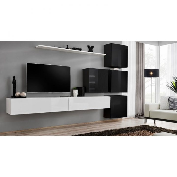 Meuble Tv Mural Design "Switch Ix" 310Cm Blanc & Noir dedans Meuble Tv Mural
